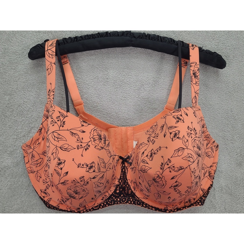 Cacique Smooth Balconette Bra 40F(DDD) Peach Black Floral Underwire S5558 NWT